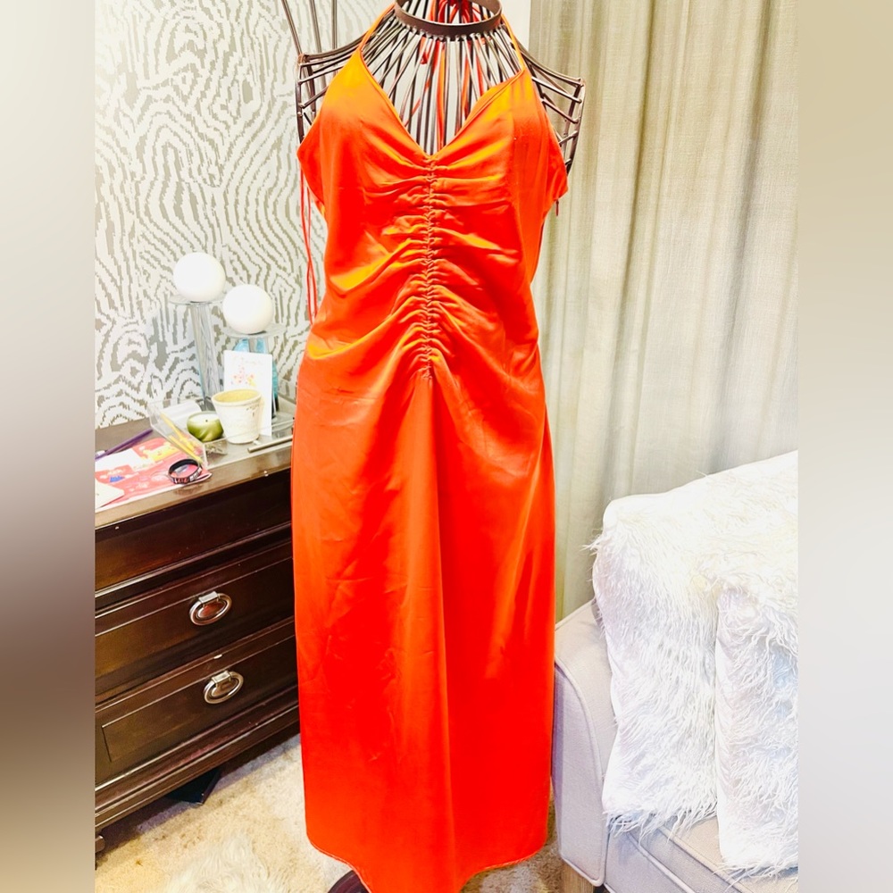 Jason Wu New Strappy‎ Satin Effect Open Back Midi Dress | Orange Size Medium